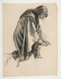 Estudo de figura para Sir Lancelot e Sir Bors equipam Galahad com suas esporas (?), de The Quest of the Holy Grail (segunda de uma série de quinze pinturas para a Biblioteca Pública de Boston, concluída em 1901) de Edwin Austin Abbey