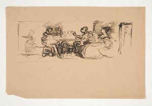 Figuras em uma mesa - ilustração não identificada de Edwin Austin Abbey