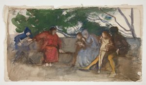 Números sentados ao longo de um banco ao ar livre de Edwin Austin Abbey