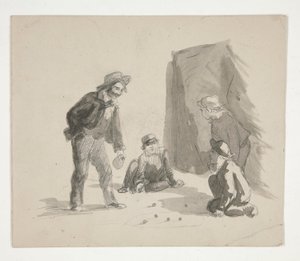 Quatro rapazes a jogar berlindes (recto); ilustração não identificada de rapaz no cavalete no interior (verso) de Edwin Austin Abbey