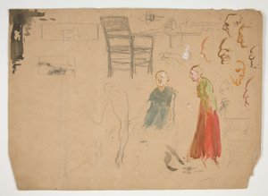 Estudos de Cabeça e Figura e Estudo de Cadeira (reto); Esboços para Ilustrações de Livros (verso) de Edwin Austin Abbey