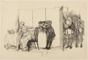Ilustração para She Stoops to Conquer, de Goldsmith: «Aqui, atrás deste biombo» de Edwin Austin Abbey
