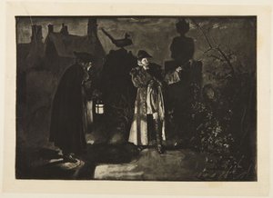 Ilustração para «She Stoops to Conquer» de Goldsmith: «Estou enganado, ou ouvi vozes» de Edwin Austin Abbey
