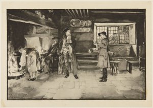 Ilustração para She Stoops to Conquer, de Goldsmith: «Sem ofensa, mas pergunta por pergunta é justo, sabe» de Edwin Austin Abbey