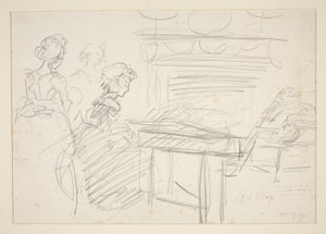 Cena interior: mulher ao piano e família - ilustração não identificada de Edwin Austin Abbey