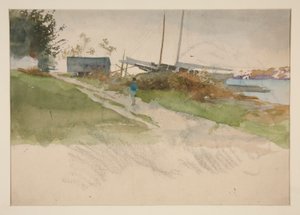 Paisagem com figura caminhando ao longo de um caminho, água em distância de Edwin Austin Abbey