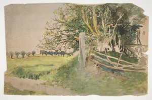 Paisagem com árvores e cerca quebrada de Edwin Austin Abbey