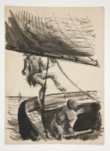 Homem a ser derrubado borda fora por lança de veleiro (recto); Ilustração não identificada de rapaz a brilhar homem de Edwin Austin Abbey