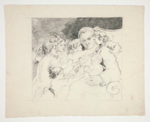Homem com crianças ao seu redor - ilustração não identificada de Edwin Austin Abbey