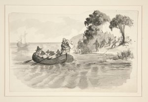Homens em barcos a remos em fuga dos índios em terra - ilustração não identificada (Colombo descobrindo o Novo Mundo?) - exploradores a desembarcar no Novo Mundo de Edwin Austin Abbey