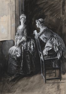 Miss Neville e Miss Hardcastle, ilustração para Oliver Goldsmith de Edwin Austin Abbey