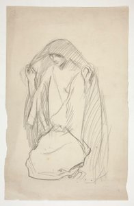Esboço de uma figura feminina camuflada em oração por Três Marias na Cruz de Edwin Austin Abbey