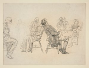 Esboço de um casal a jogar um jogo, rodeado de espectadores, num interior (?) - ilustração não identificada de Edwin Austin Abbey