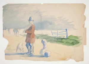 Esboço de um homem, criança e cachorro - ilustração não identificada de Edwin Austin Abbey