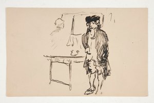 Esboço de um homem em vestido revolucionário ao lado de uma mesa de Edwin Austin Abbey