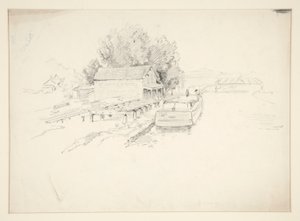 Esboço de um cais, com barco de pesca e loja de docas de Edwin Austin Abbey