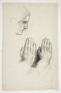 Esboço de um jovem de perfil; esboço de dois conjuntos de mãos em oração de Edwin Austin Abbey
