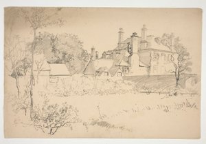 Esboço de um exterior: gaden, muro e grande casa vitoriana de Edwin Austin Abbey