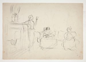 Esboço de um interior: homem a ler em voz alta, mulheres a tricotar - ilustração não identificada de Edwin Austin Abbey