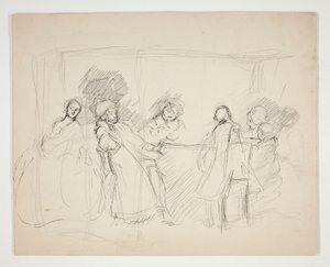 Esboço de figuras em torno de uma mesa - ilustração não identificada para uma peça de teatro (?) de Edwin Austin Abbey