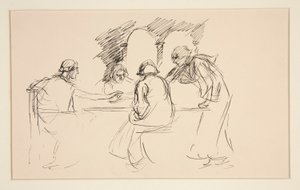 Esboço de quatro homens em vestido medieval numa mesa - ilustração não identificada, possivelmente para de Edwin Austin Abbey