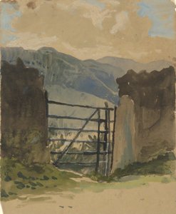 Parede de pedra e portão, esboço de Edwin Austin Abbey