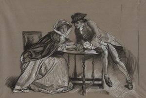 Estudar. Dama e cavalheiro conversando em uma mesa de Edwin Austin Abbey