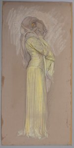 Estudo, Mulher de vestido amarelo com véu marrom sobre o rosto de Edwin Austin Abbey