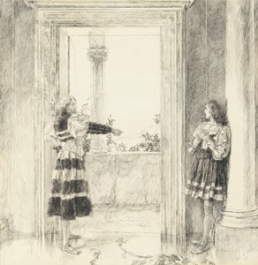 O Duque Expulsa Valentim, do Ato III, Cena I, Dois Cavalheiros de Verona de Edwin Austin Abbey