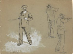 Três esboços de um homem com uma arma (reto); Estudos da Figura e Retrato de A. S. Wina (?) (verso) de Edwin Austin Abbey