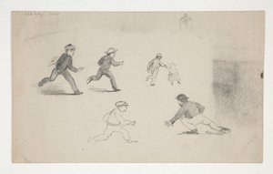 Três Estudos (homens com cavalos, estudo da cabeça) (recto); Seis Estudos de Figuras de Corrida, Estudo de uma Torre do Sino (verso) de Edwin Austin Abbey