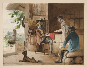 Três homens em uma loja de produtos secos - loja de campo, Dolbyville de Edwin Austin Abbey