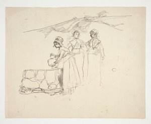 Três mulheres em uma ilustração não identificada de Edwin Austin Abbey