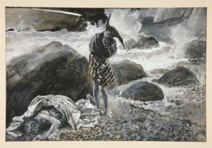 Trinculo e Caliban, ilustração para Ato II, Cena ii, A Tempestade de Edwin Austin Abbey