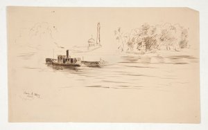 Rebocador empurrando barcaça no rio de Edwin Austin Abbey