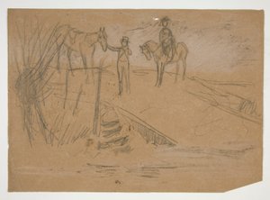 Dois homens e dois cavalos em uma paisagem - ilustração não identificada de Edwin Austin Abbey