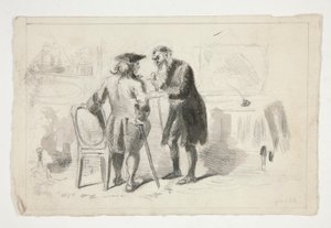 Dois homens a conversar num interior - ilustração não identificada de Edwin Austin Abbey