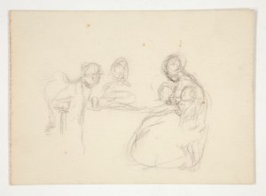 Ilustração não identificada - Estudo de figuras numa tabela. Homem sentado ao contrário. de Edwin Austin Abbey