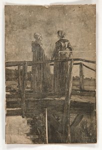 Gravura em madeira sem título por E.A. Abadia (?) de duas senhoras em uma passarela de madeira - ilustração para William Black de Edwin Austin Abbey