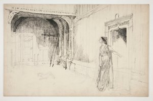 Mulher e cão num interior - (ilustração não identificada para uma peça de teatro?) de Edwin Austin Abbey