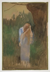 Mulher na paisagem terrestre, penteando o seu cabelo louro e comprido - (ilustração não identificada) de Edwin Austin Abbey