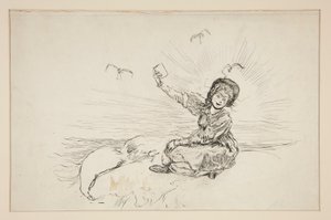 Mulher na praia segurando livro, esboço para The Lay of the Lobster de Edwin Austin Abbey
