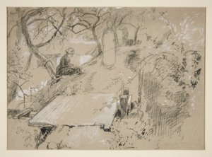 Mulher sentada no banco de um jardim ou parque público - ilustração não identificada de Edwin Austin Abbey