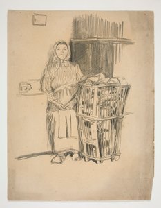 Mulher com cesto de roupa suja (?) - ilustração não identificada de Edwin Austin Abbey