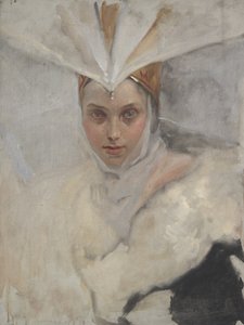 Mulher, com, osprey, headdress, e, branca, gola pele, 1897 de Edwin Austin Abbey