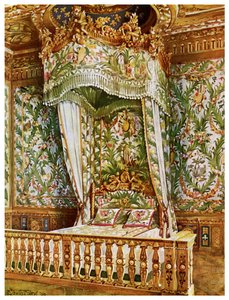 Cama de estado dourada de Marie Antoinette, quarto do Queens, palácio de Fontainebleau, França, 1911-1912.