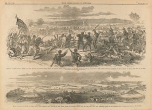 Batalha de Antietam--Divisão de Burnside, Ala Esquerda--Brilhante e Decisiva, Carga de Baioneta dos Zouaves de Hawkins, Coronel Kimball, sobre a Bateria Rebelde na Colina, Margem Direita do Riacho Antietam, perto de Sharpsburg, na Tarde de 17 de setembro-- de Edwin Forbes
