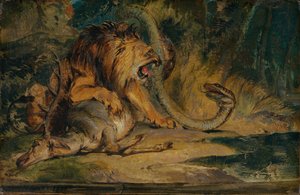 Leão defendendo sua presa, c. 1840.