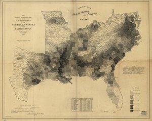 Mapa mostrando a distribuição da população escrava dos estados do sul dos Estados Unidos, compilada a partir do censo de 1860 de Edwin Hergesheimer