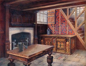 Baú Nonesuch Embutido. Esculpida mesa &39;Drawinge&39;, Shibden Hall. Chaminé esculpida em Chiddenstone. Primeiro papel de parede inglês, no Borden Hall de Edwin John Foley